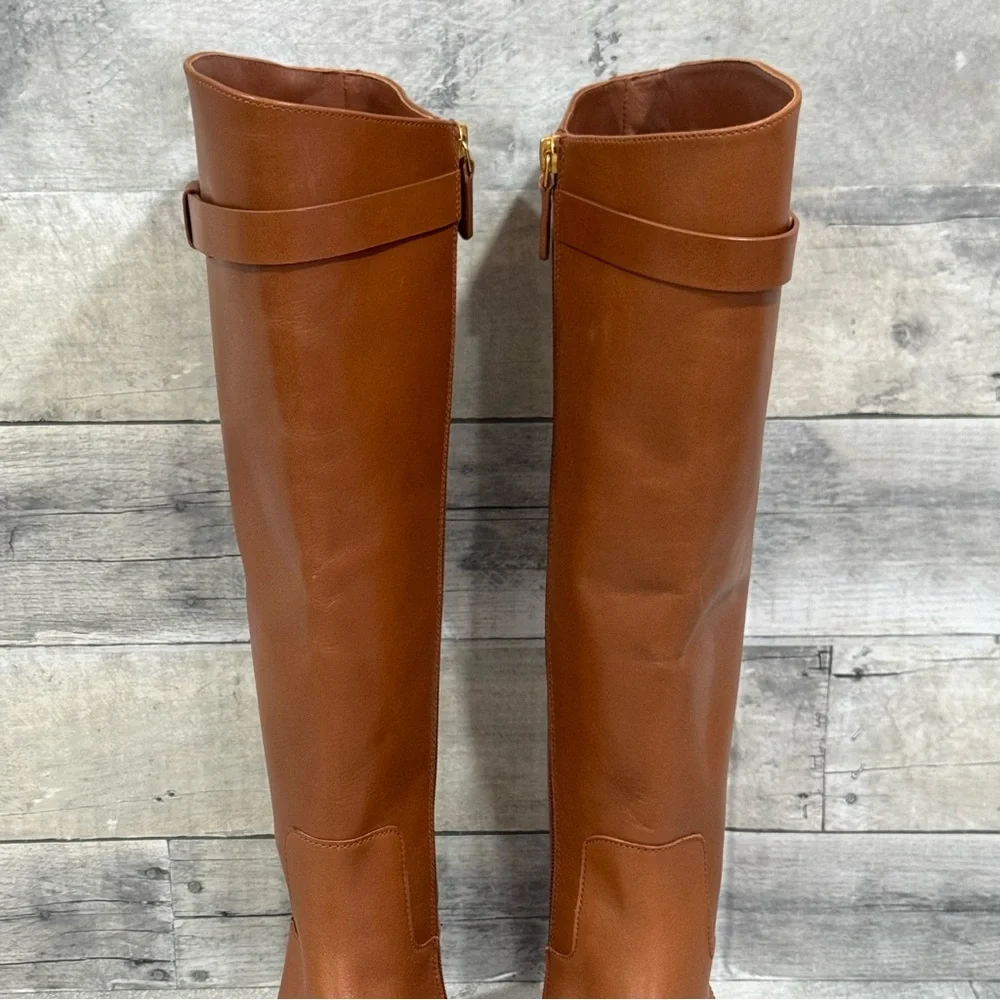 TORY BURCH EVERLY STRAP RIDING BOOTS - SIERRA TAN - SIZE - 7M .US